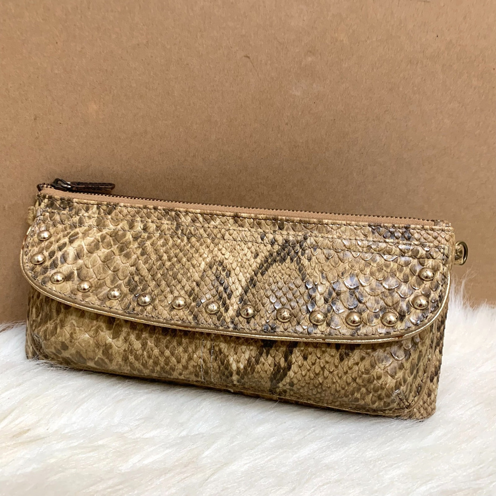 KATHY VAN ZEELAND Olive & Gold Snakeskin Embossed Studded Vintage Flap Clutch/XB